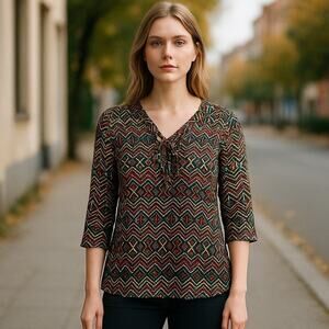 CHAPS Ralph Lauren Women’s XL Top Geometric Print V‑neck • 3/4 sleeve Multicolor